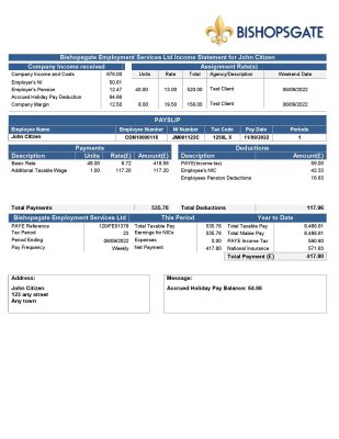 United Kingdom Bishopsgate payroll services company pay stub Word and PDF template