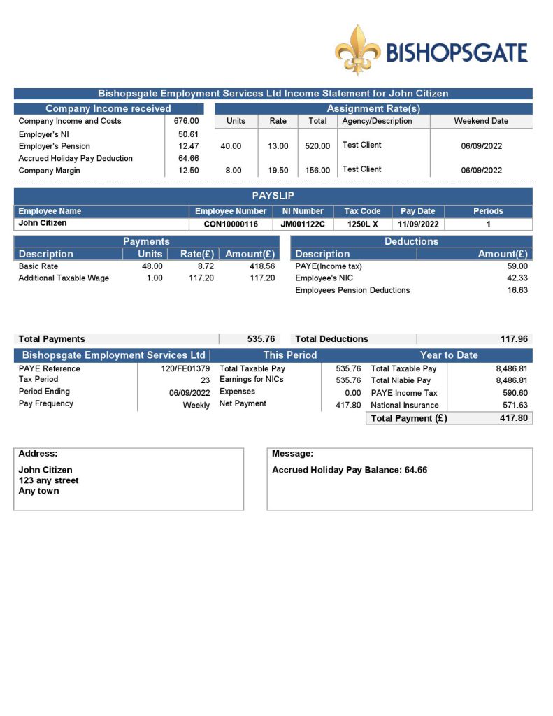 United Kingdom Bishopsgate payroll services company pay stub Word and PDF template