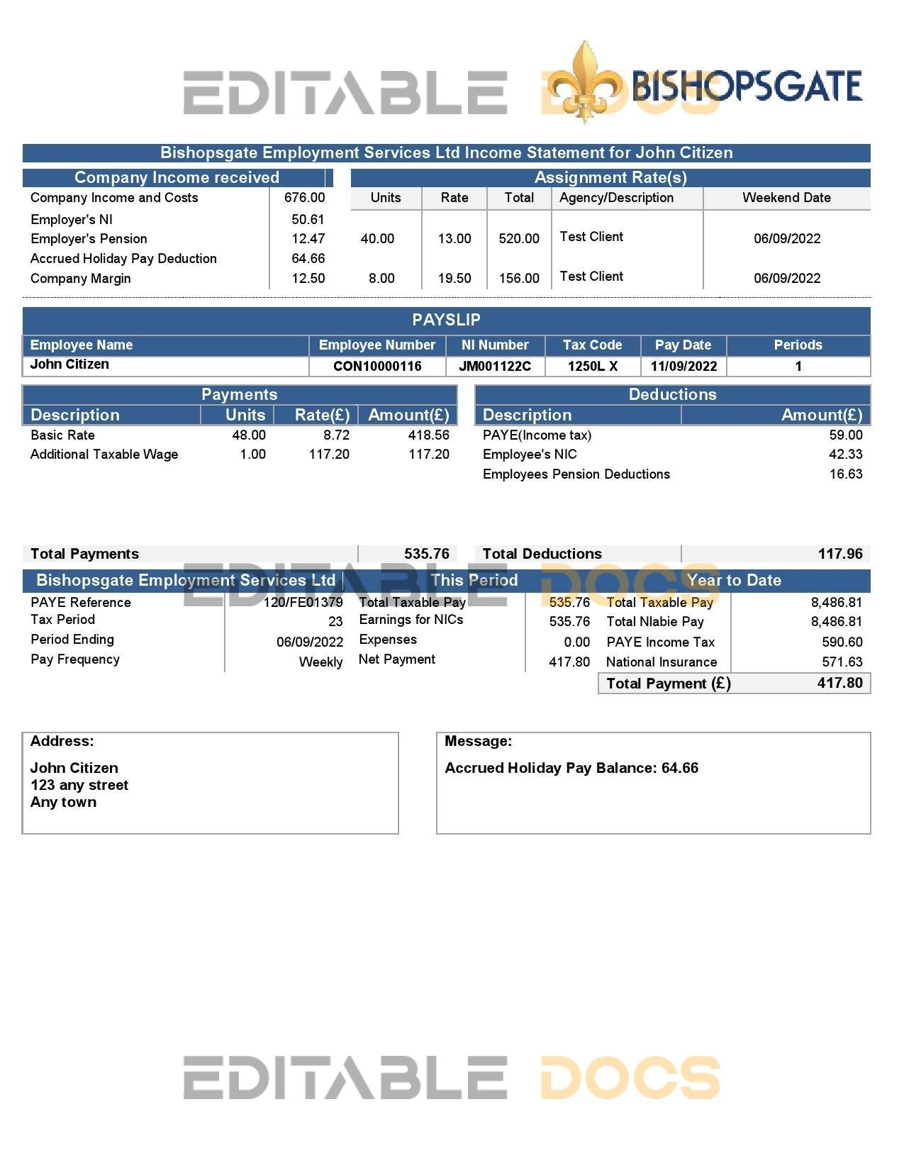 United Kingdom Bishopsgate payroll services company pay stub Word and PDF template