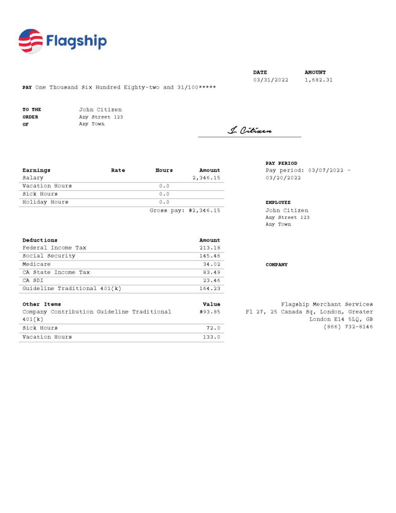 United Kingdom Flagship Merchant Services credit card service company pay stub Word and PDF template