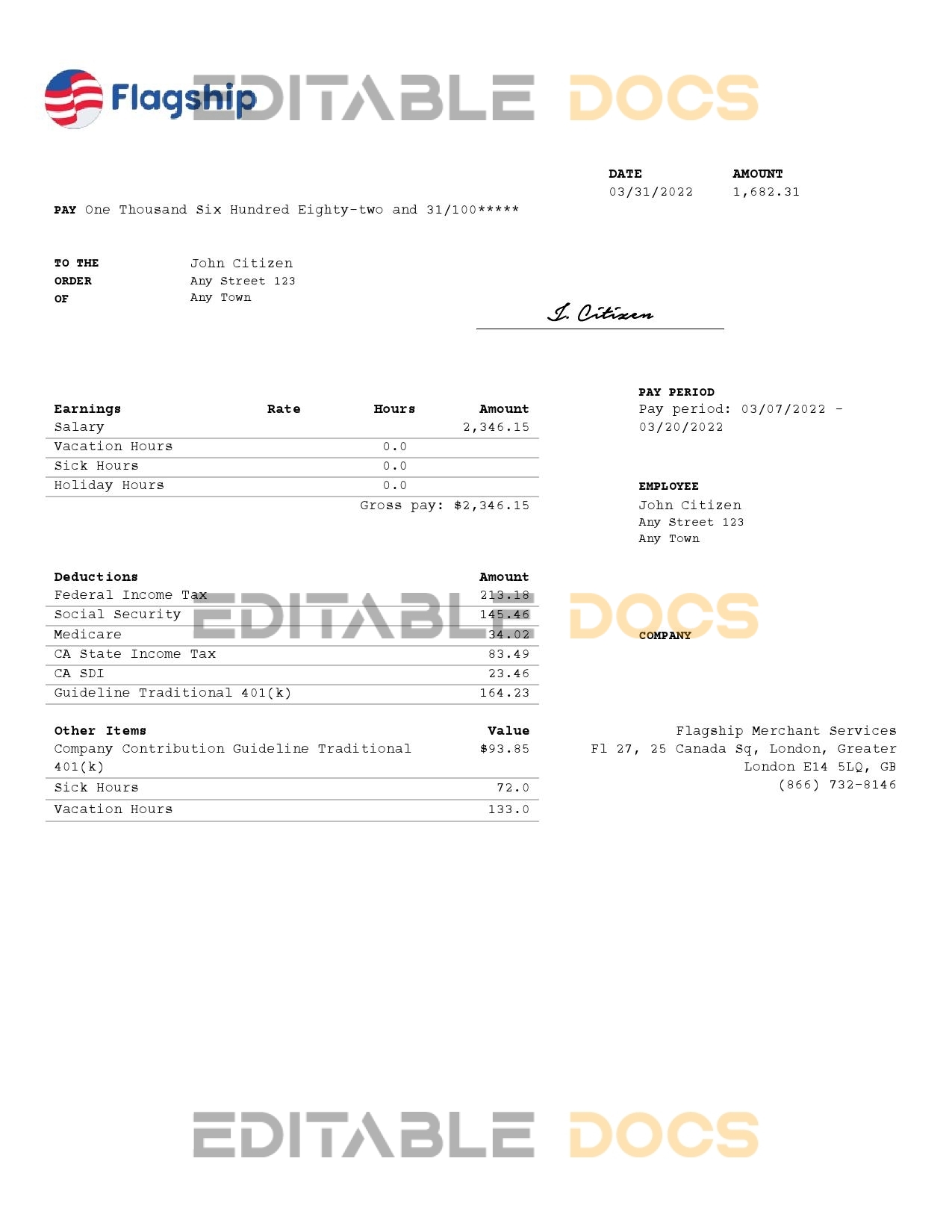 United Kingdom Flagship Merchant Services credit card service company pay stub Word and PDF template