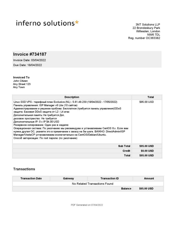 United Kingdom Inferno Solutions invoice Word and PDF template, fully editable