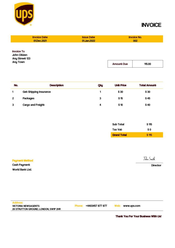 USA UPS invoice template in Word and PDF format, fully editable