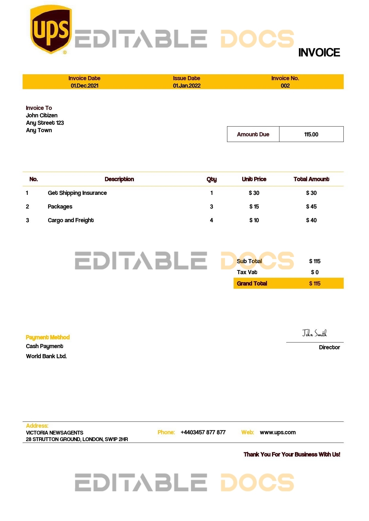 USA UPS invoice template in Word and PDF format, fully editable