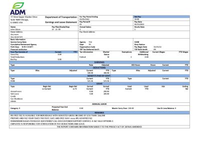 USA ADM food processing company pay stub Word and PDF template