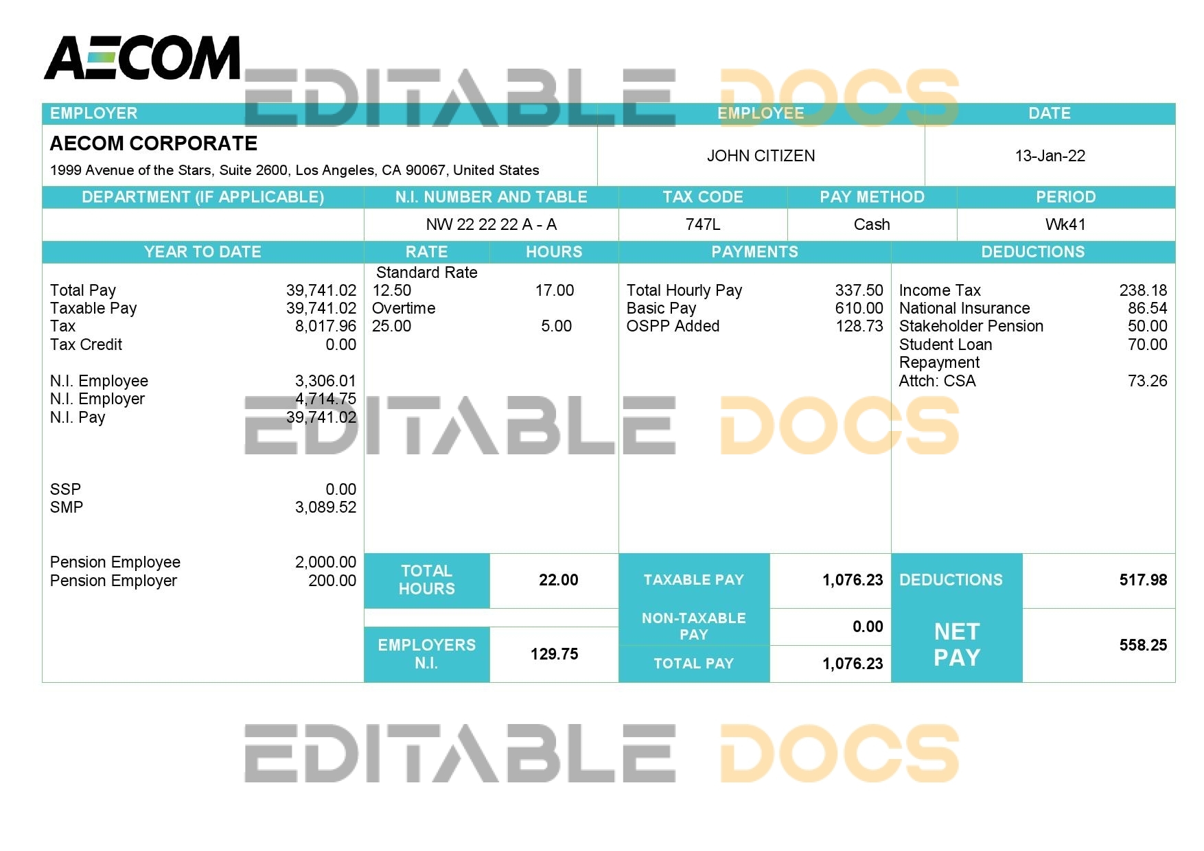 USA AECOM construction company pay stub Word and PDF template