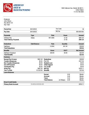 USA American Axle manufacturing company pay stub Word and PDF template