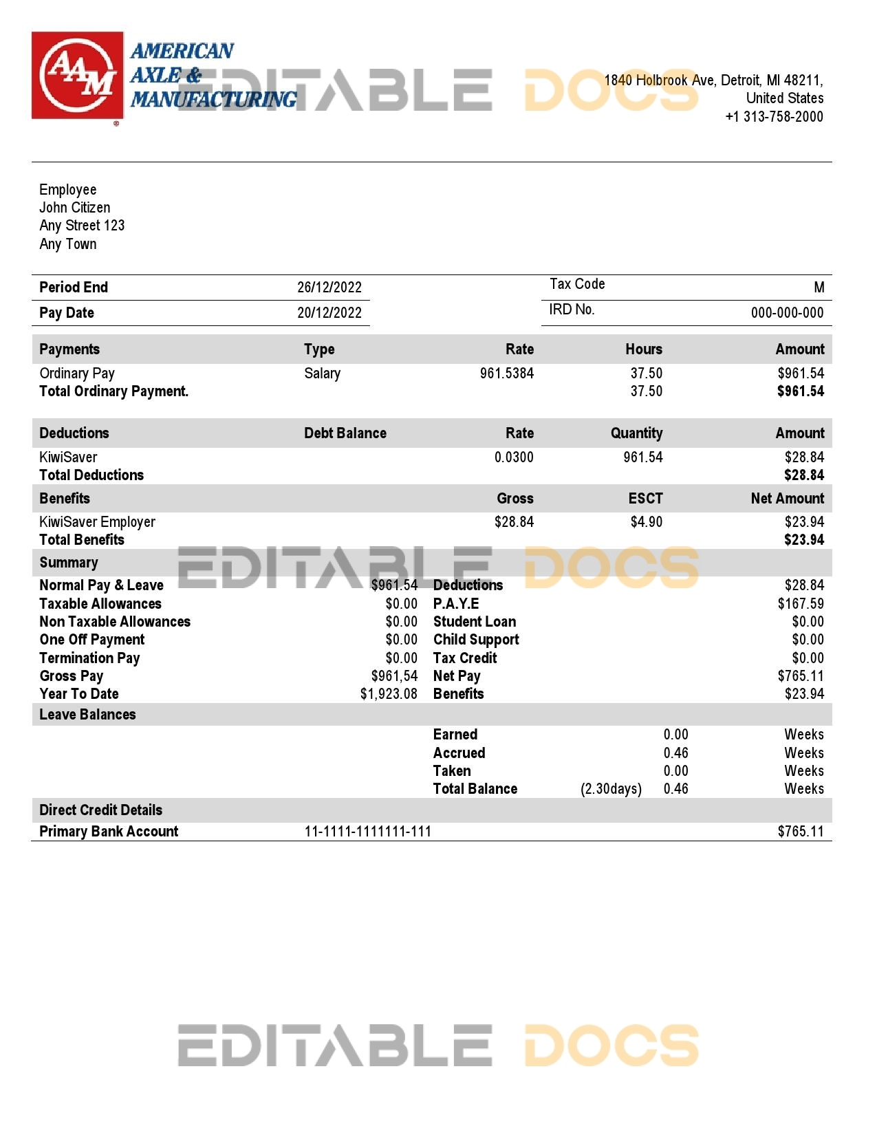 USA American Axle manufacturing company pay stub Word and PDF template