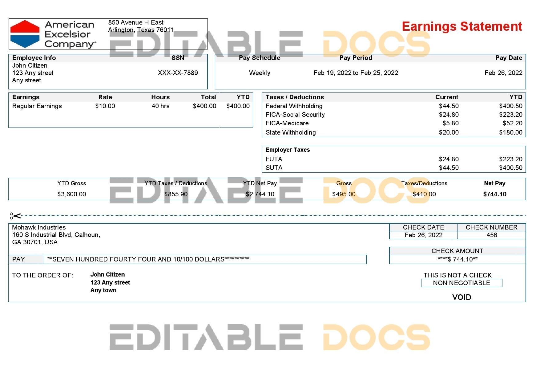 USA American Excelsior distribution company pay stub Word and PDF template