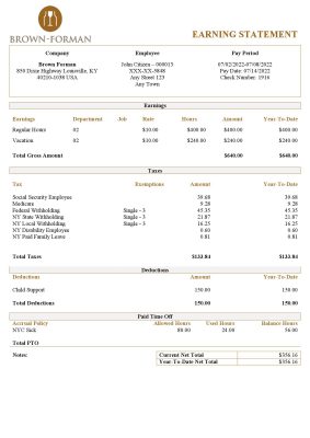 USA Brown Forman alcoholic beverages company pay stub Word and PDF template