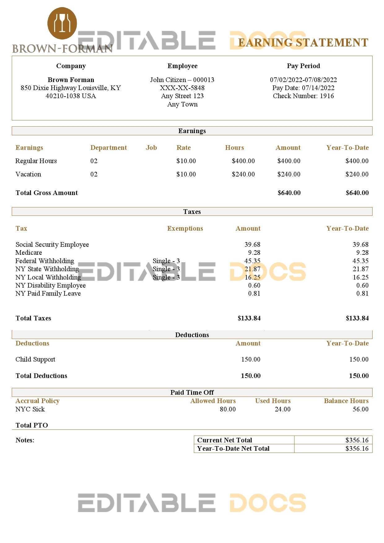 USA Brown Forman alcoholic beverages company pay stub Word and PDF template