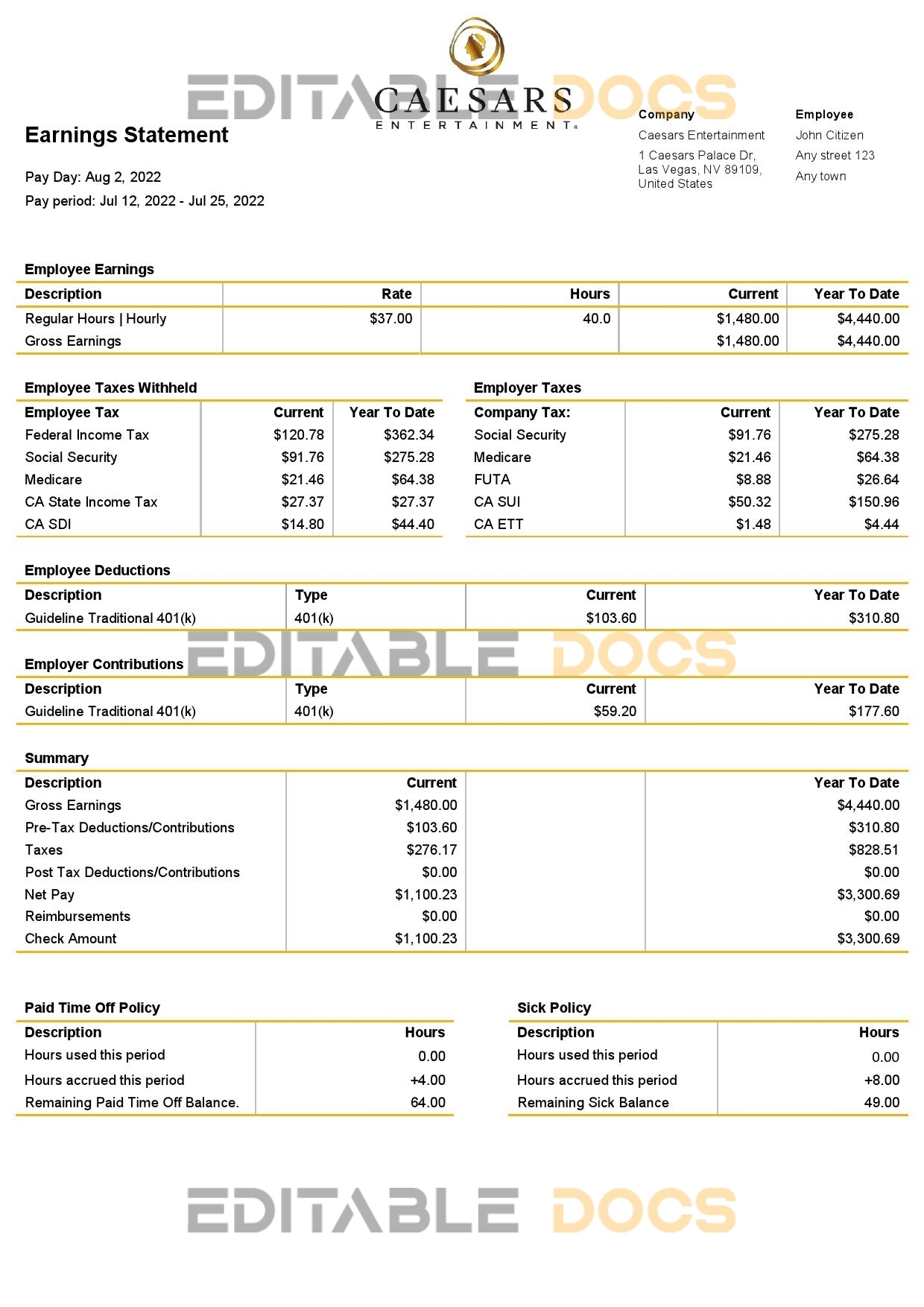 USA Caesars Entertainment casino and resort company pay stub Word and PDF template
