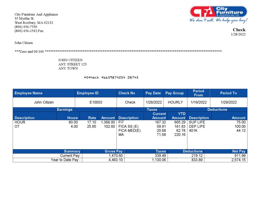 USA furniture & appliances employee sheet template in Word and PDF format