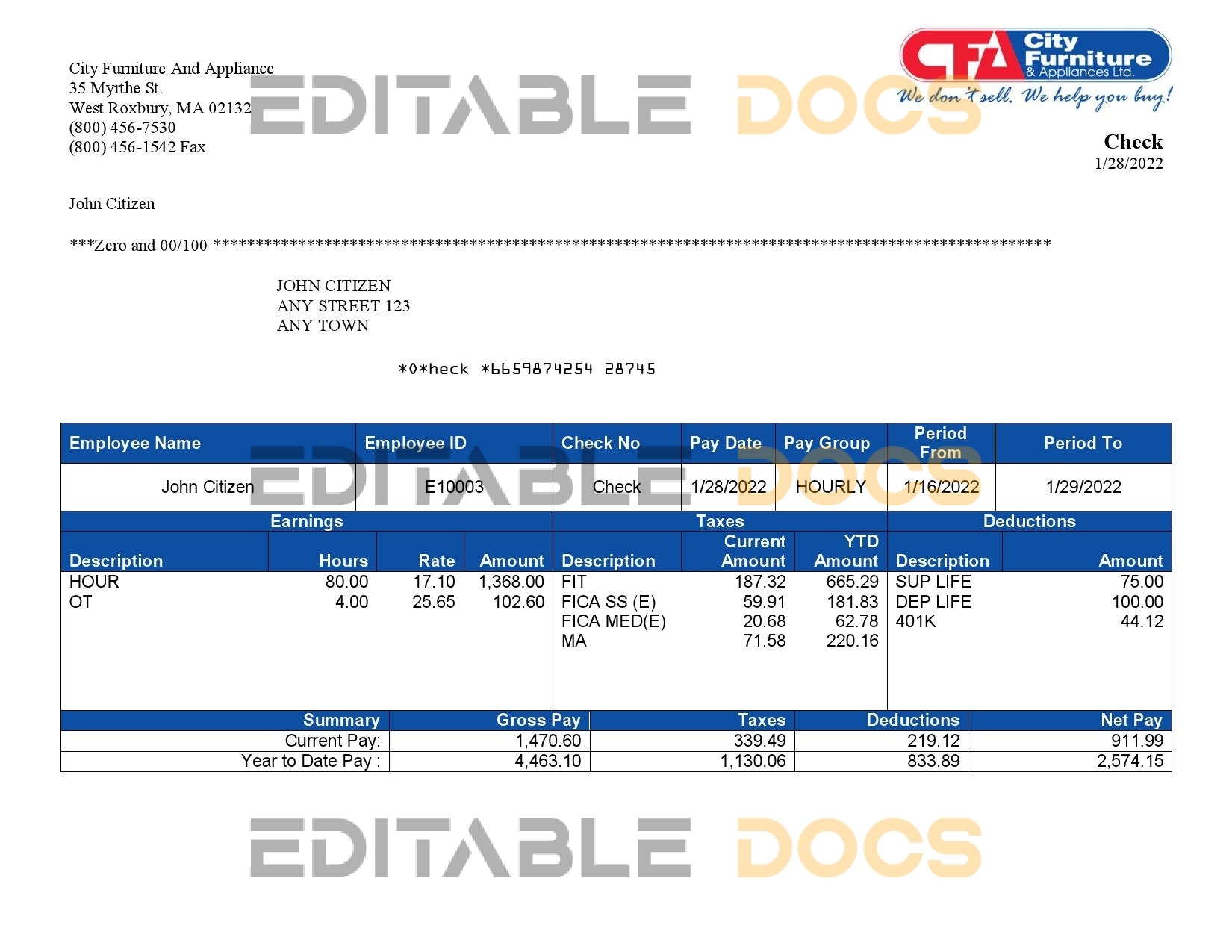 USA furniture & appliances employee sheet template in Word and PDF format