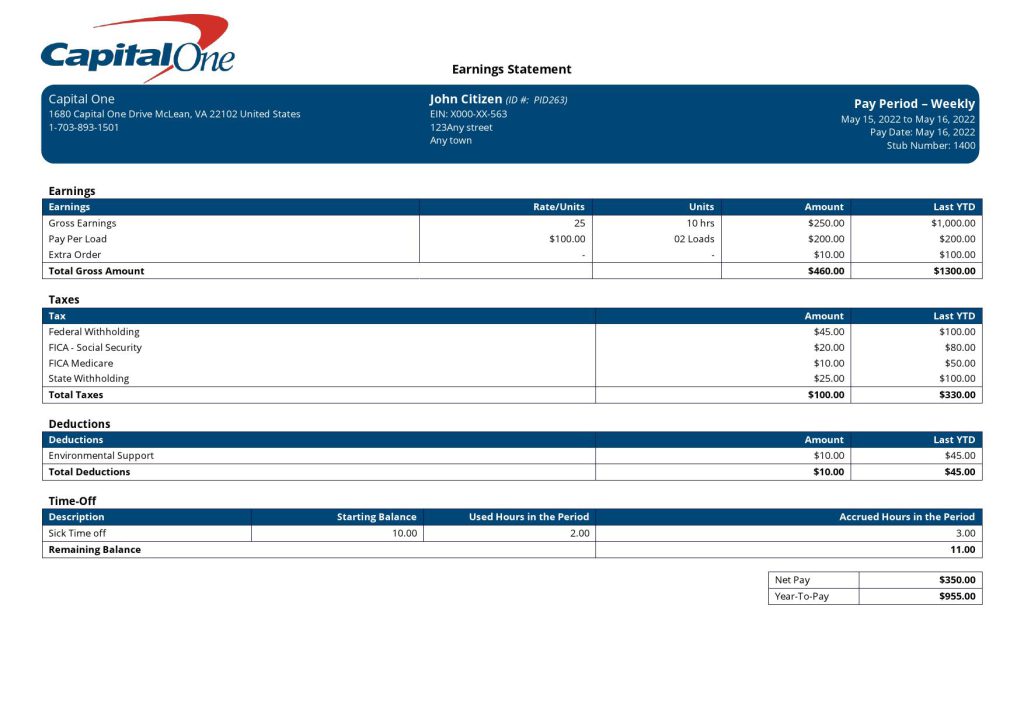 USA Capital One banking company pay stub Word and PDF template