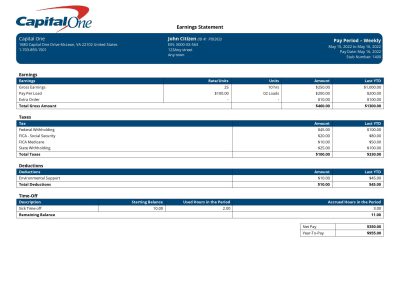 USA Capital One banking company pay stub Word and PDF template