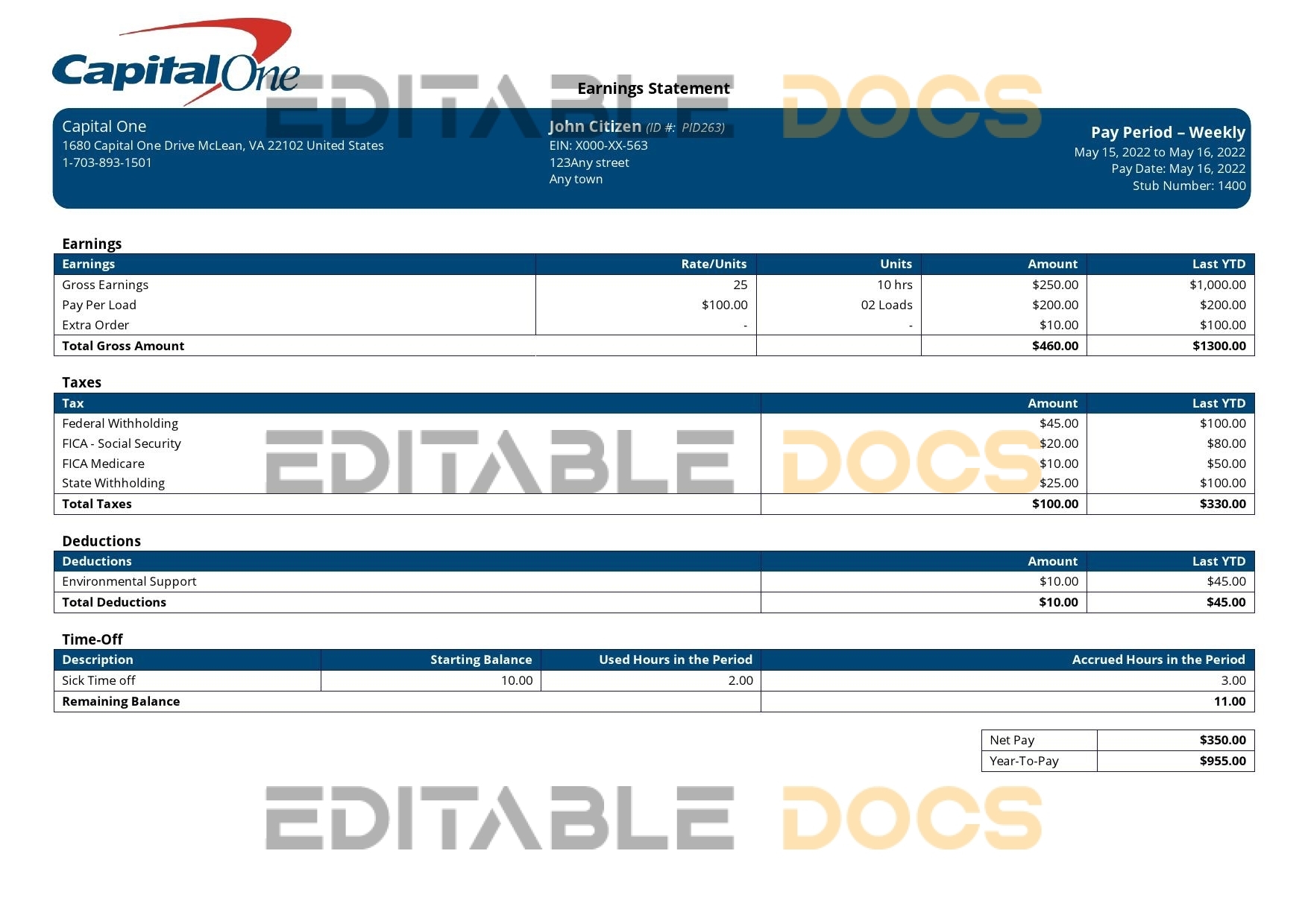 USA Capital One banking company pay stub Word and PDF template