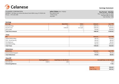 USA Celanese technology company pay stub Word and PDF template