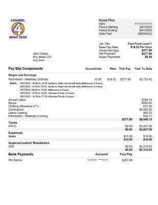 USA Channel News Team 4 media company pay stub Word and PDF template