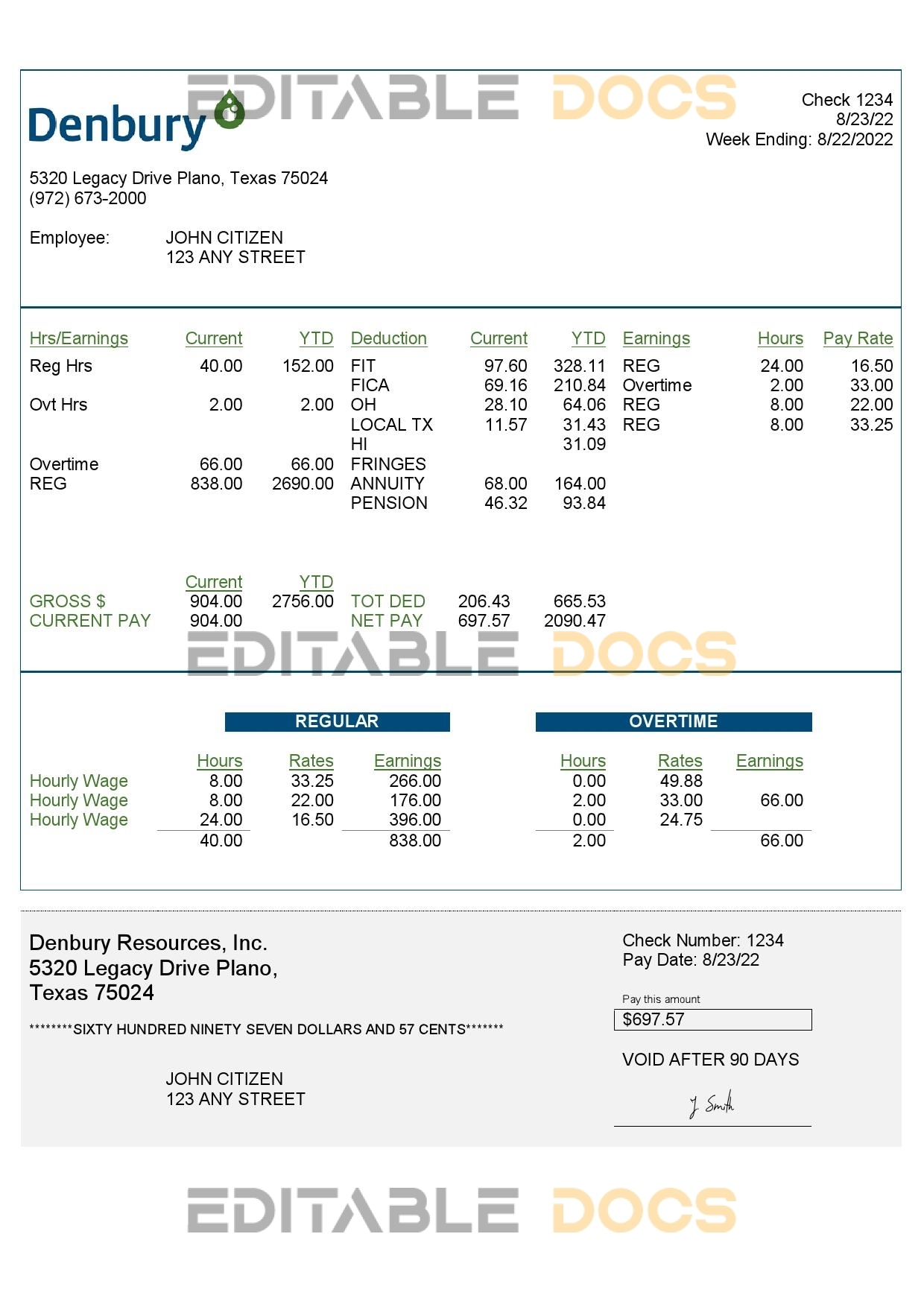 USA Denbury Resources Inc. oil & gas company pay stub Word and PDF template