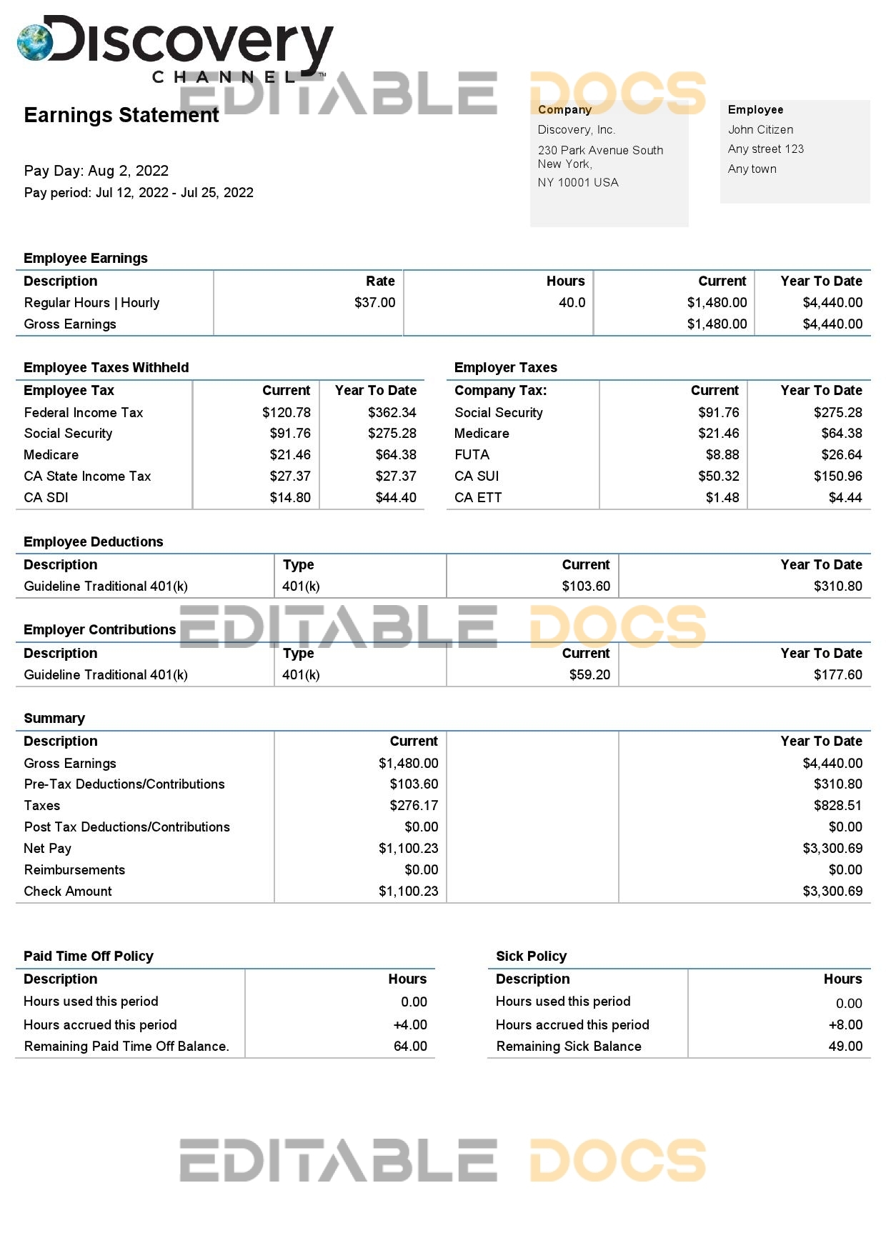 USA Discovery Inc. entertainment company pay stub Word and PDF template
