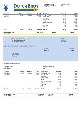 USA Dutch Bros Coffee Corporate coffeehouse company pay stub Word and PDF template