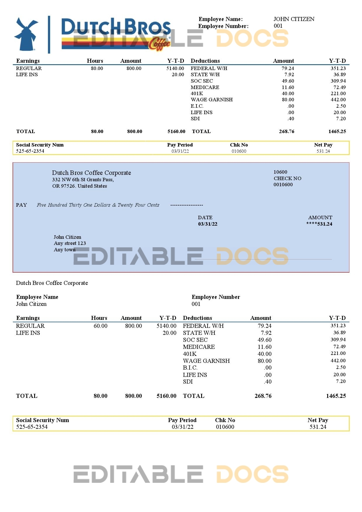 USA Dutch Bros Coffee Corporate coffeehouse company pay stub Word and PDF template