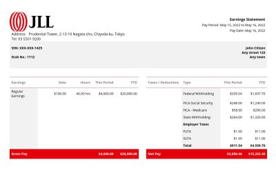 USA JLL real estate company pay stub Word and PDF template