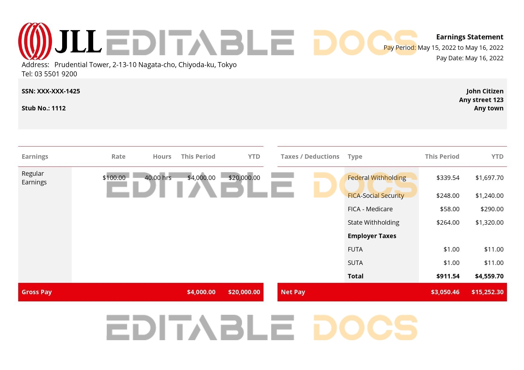 USA JLL real estate company pay stub Word and PDF template