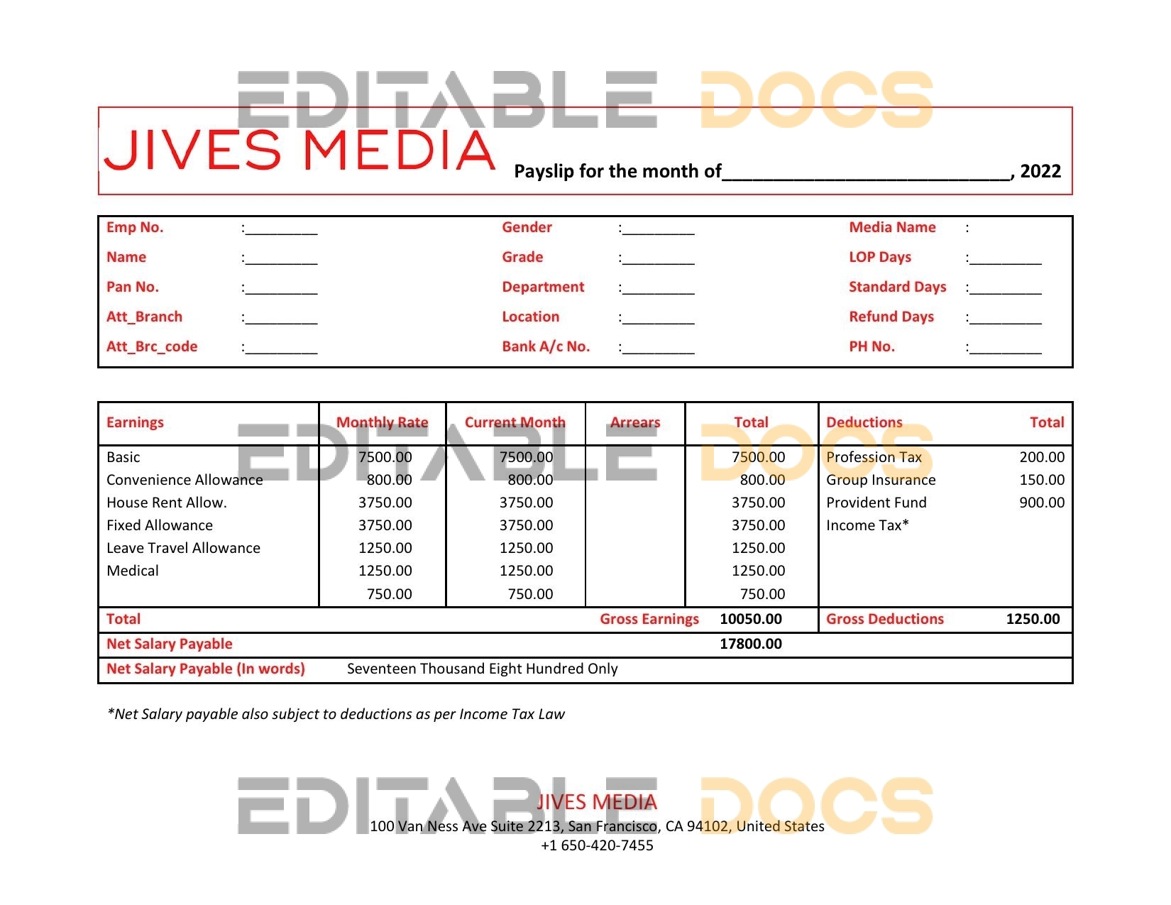 USA Jives Media advertising company pay stub Word and PDF template