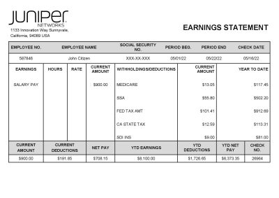 USA Juniper networking company pay stub Word and PDF template