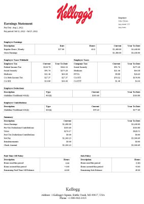USA Kellog food processing company pay stub Word and PDF template