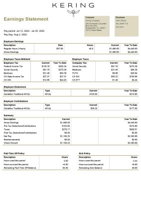 USA Kering luxury goods company pay stub Word and PDF template
