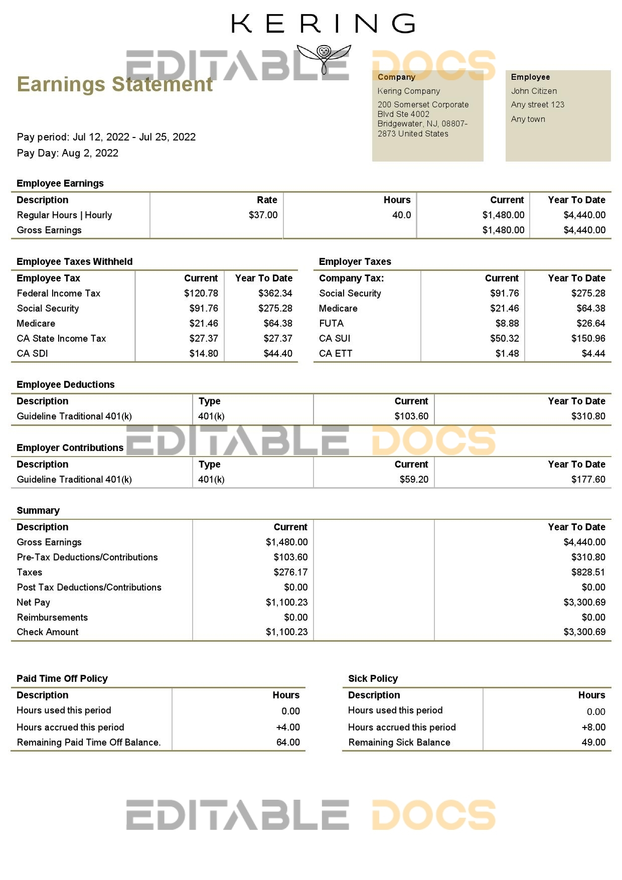 USA Kering luxury goods company pay stub Word and PDF template