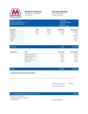USA Marathon Petroleum company pay stub Word and PDF template