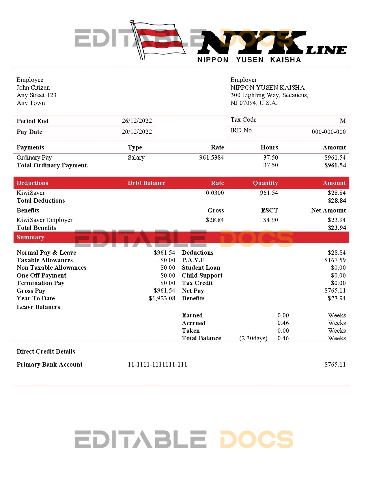 USA NIPPON YUSEN KAISHA shipping company pay stub Word and PDF template