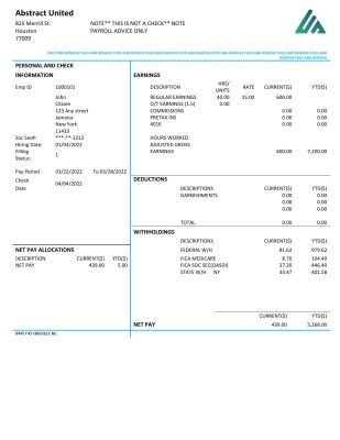 USA New York Abstract United pay stub Word and PDF template