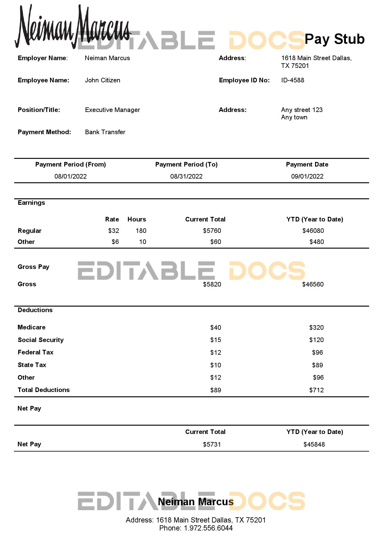 USA Neiman Marcus department store company pay stub Word and PDF template