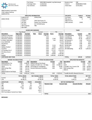 USA New Jersey Hackensack Meridian Health earnings statement Word and PDF template