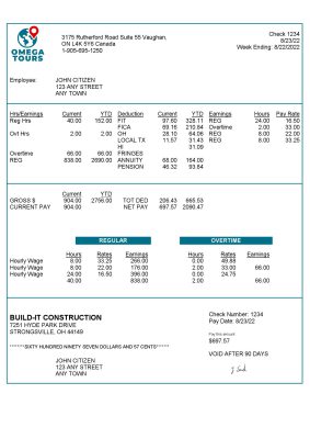 USA Omega Tours tourism company pay stub Word and PDF template