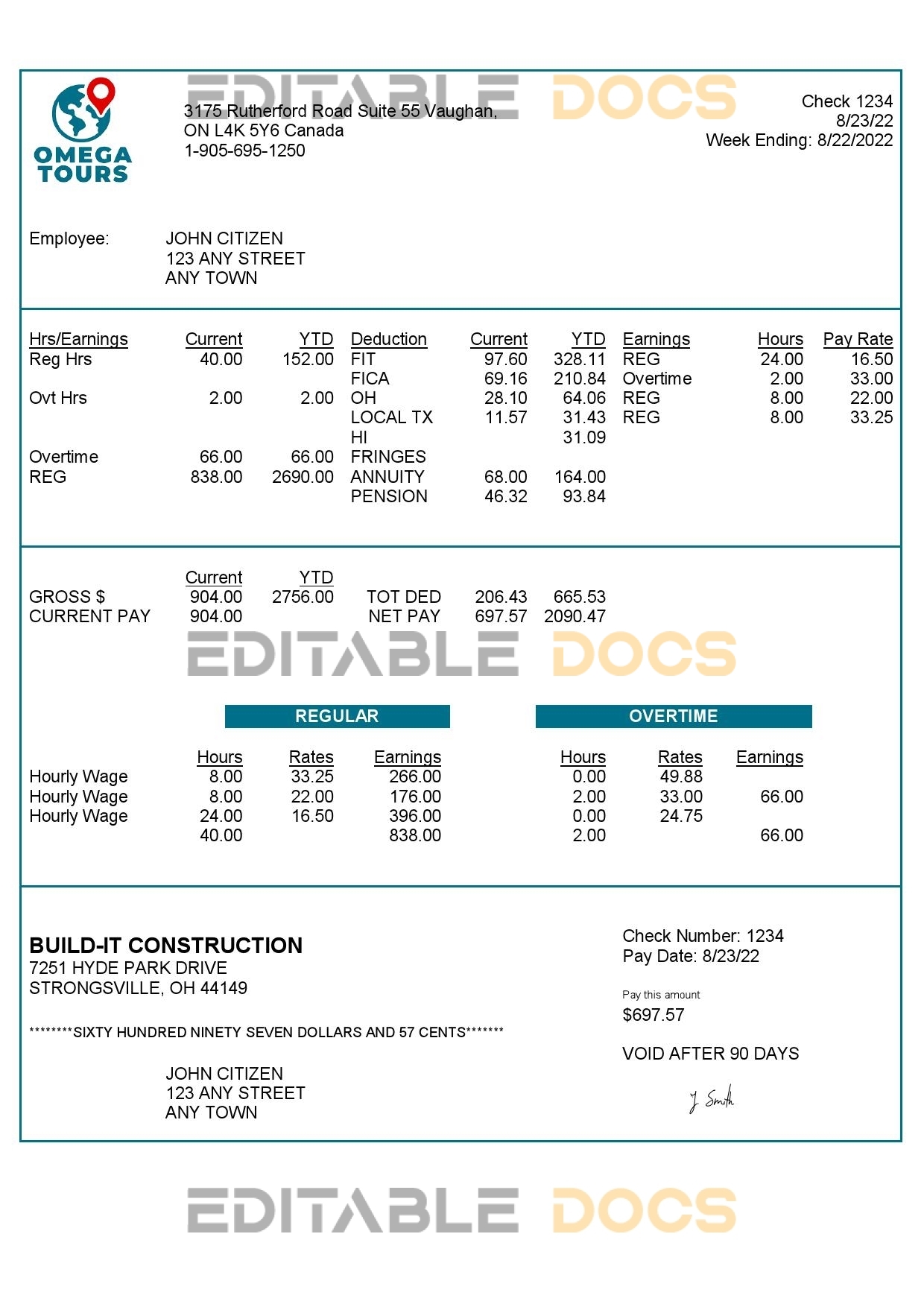 USA Omega Tours tourism company pay stub Word and PDF template