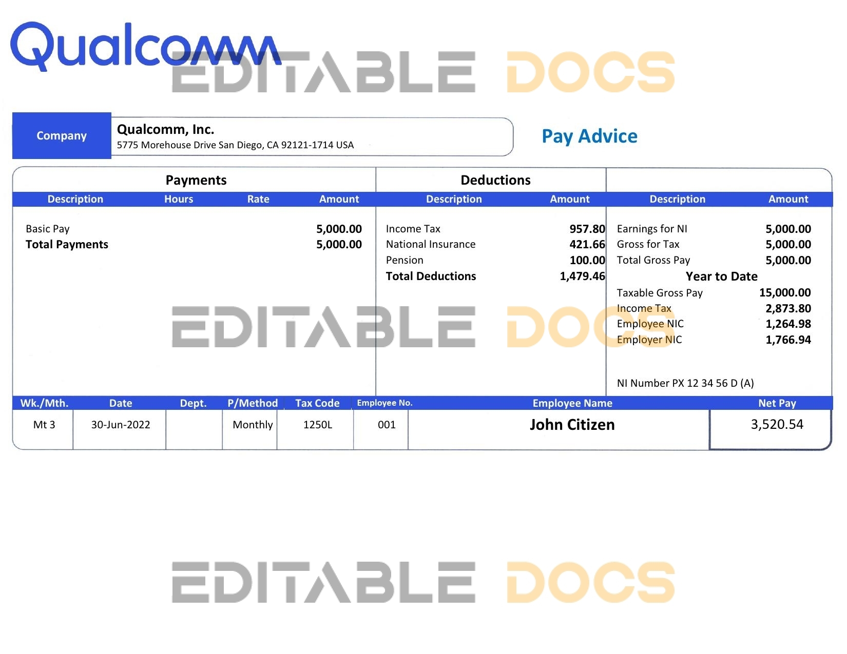 USA Qualcomm semiconductor company pay stub Word and PDF template