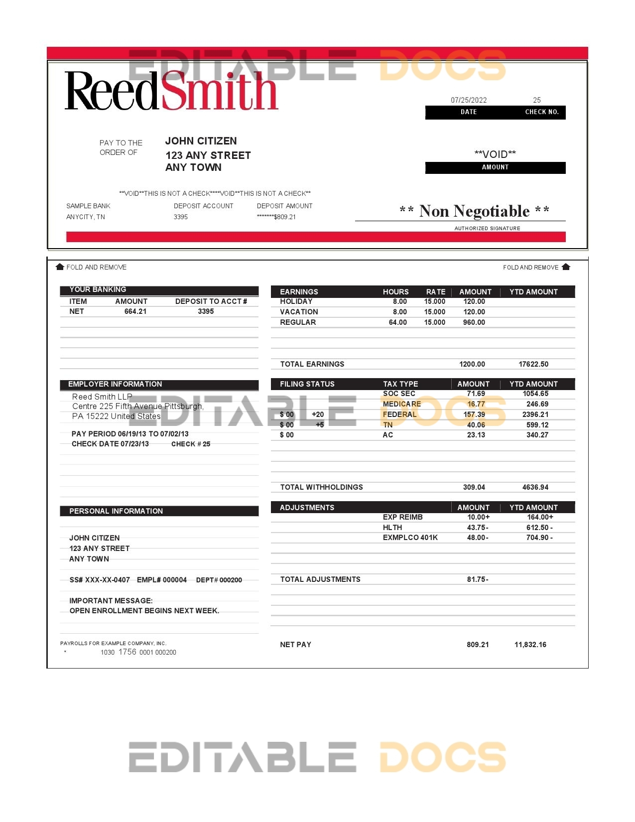 USA Reed Smith LLP law company pay stub Word and PDF template