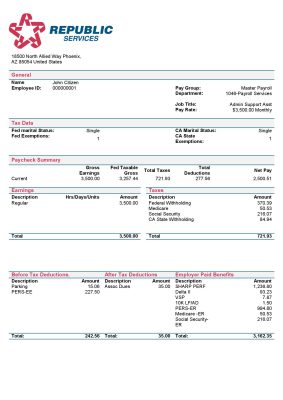 USA Republic Services waste management company pay stub Word and PDF template