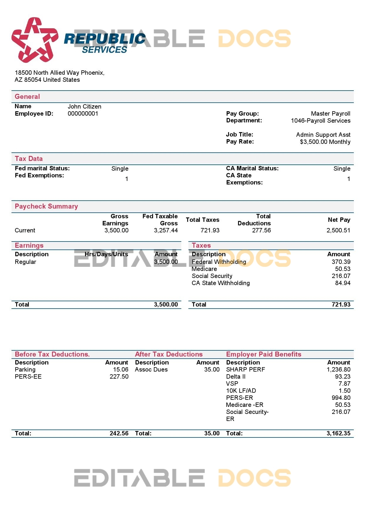 USA Republic Services waste management company pay stub Word and PDF template
