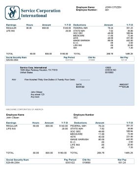 USA Service Corp. International consumer discretionary company pay stub Word and PDF template