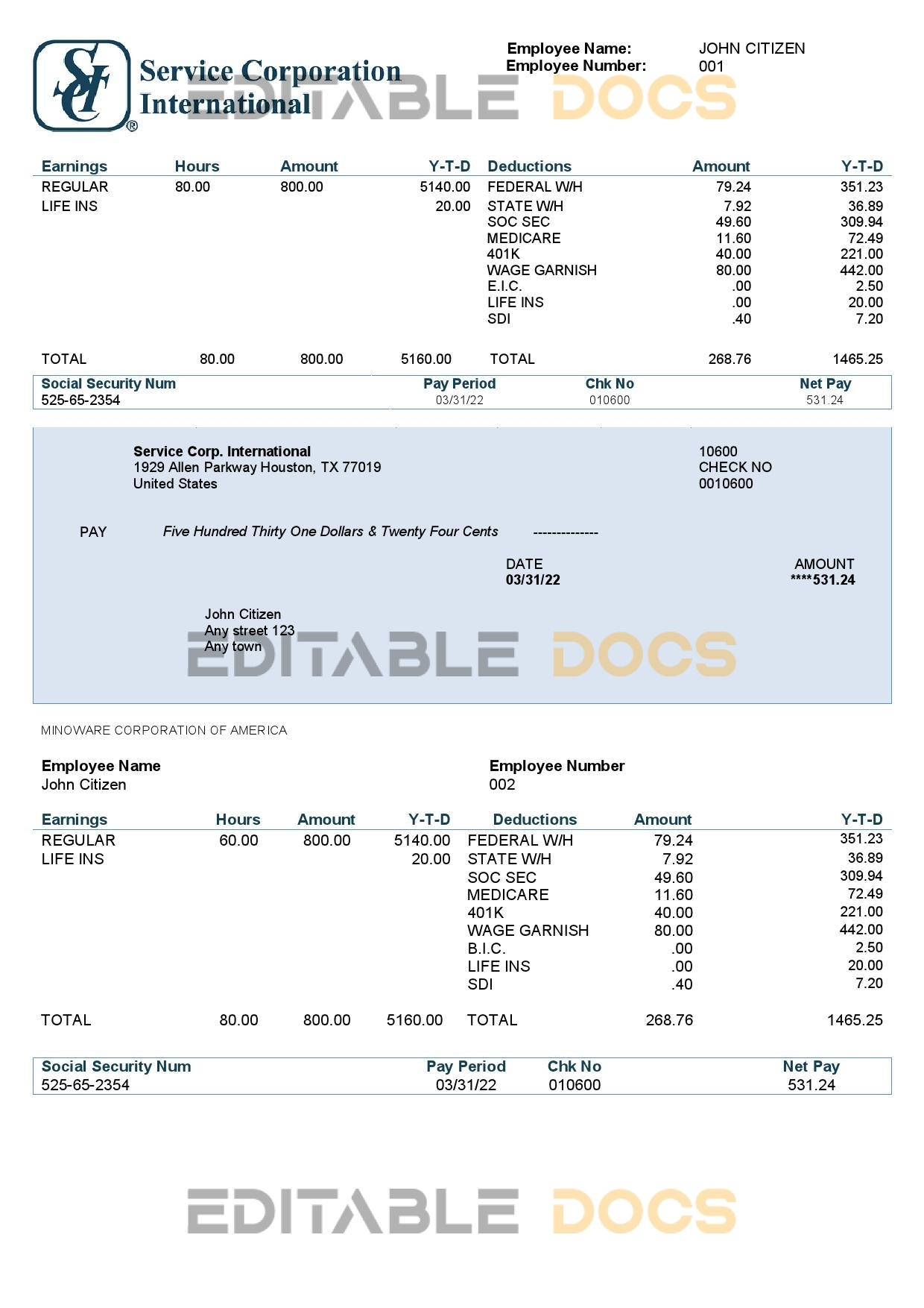 USA Service Corp. International consumer discretionary company pay stub Word and PDF template