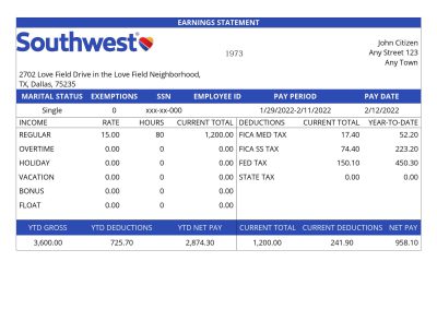 USA Southwest Airlines airlines company pay stub Word and PDF template