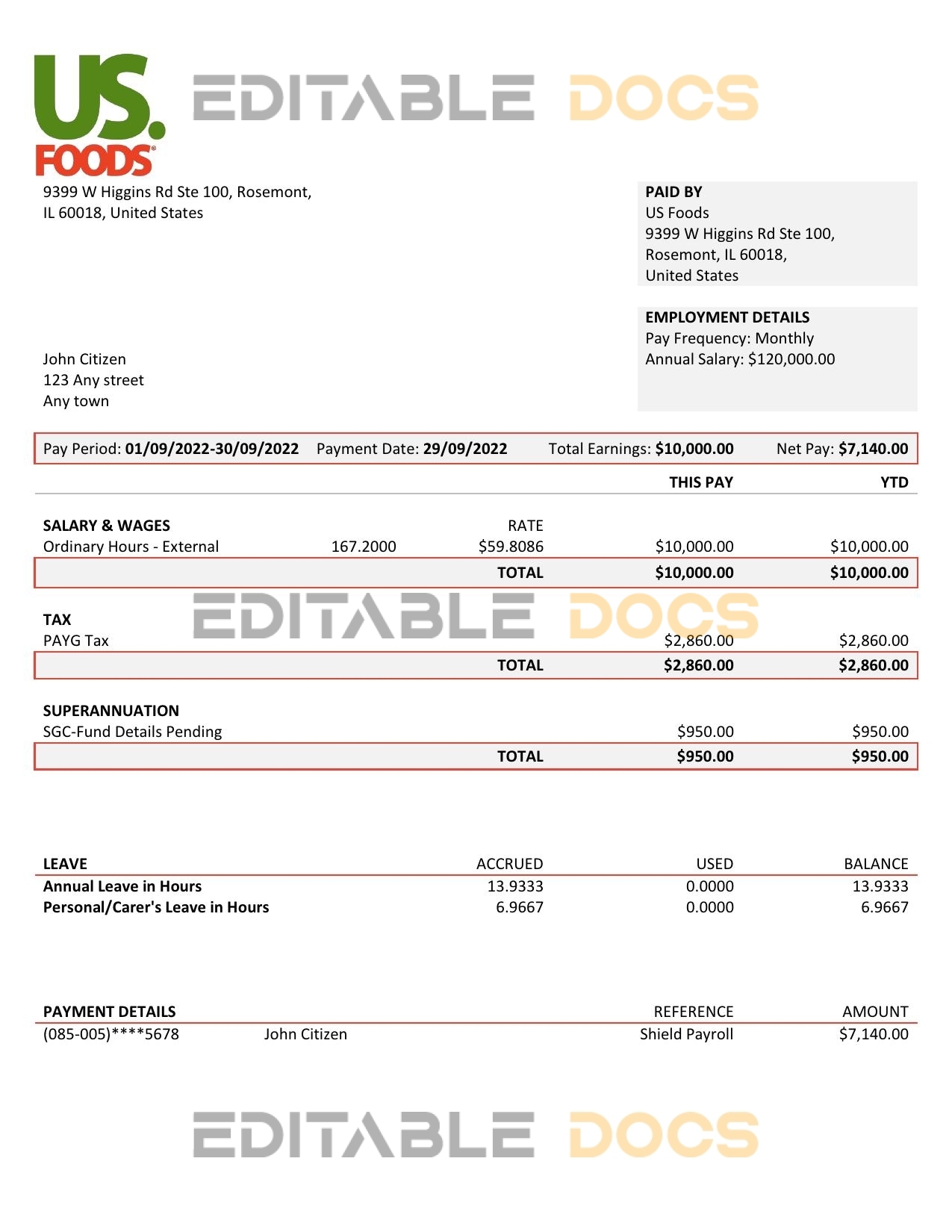 USA US Foods food distribution company pay stub Word and PDF template