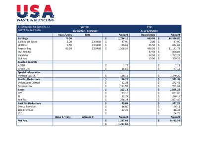 USA Waste & Recycling recycling company pay stub Word and PDF template